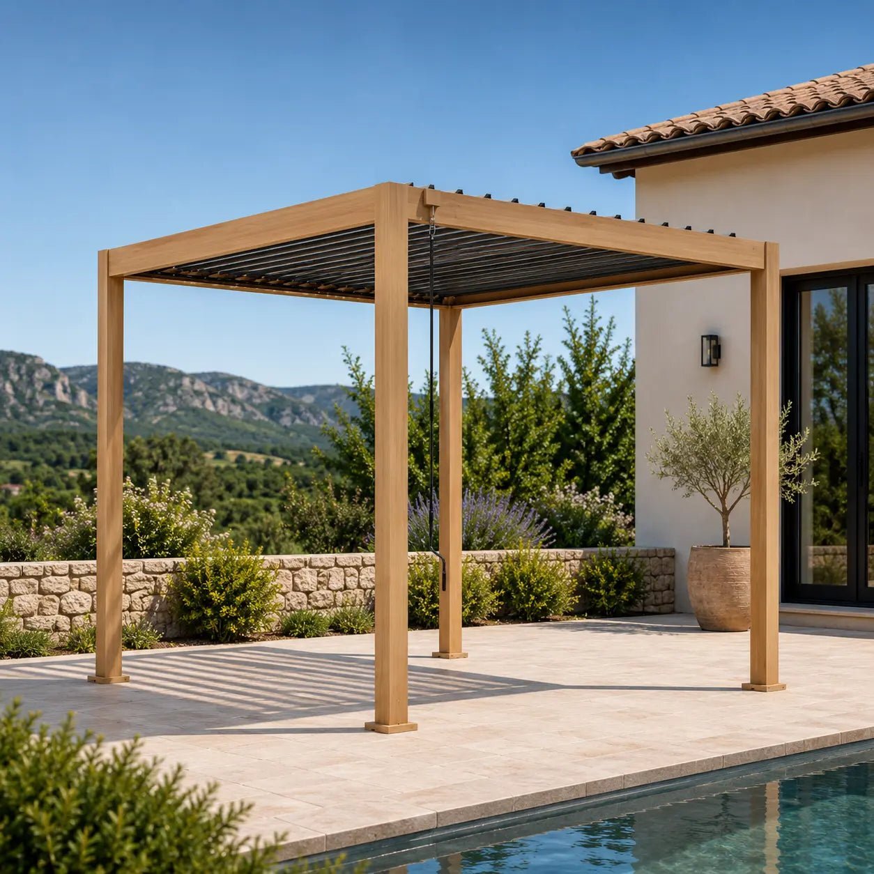 Céleste - Pergola bioclimatique 3x3 effet bois
